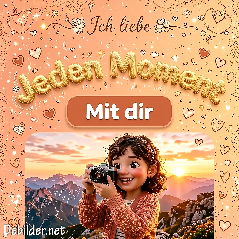 Eine fröhliche gezeichnete Frau mit Kamera lächelt vor einer Bergkulisse im Sonnenuntergang, umrahmt von goldenen Herzen, Funkeln und dem Spruch Ich liebe jeden Moment mit dir.