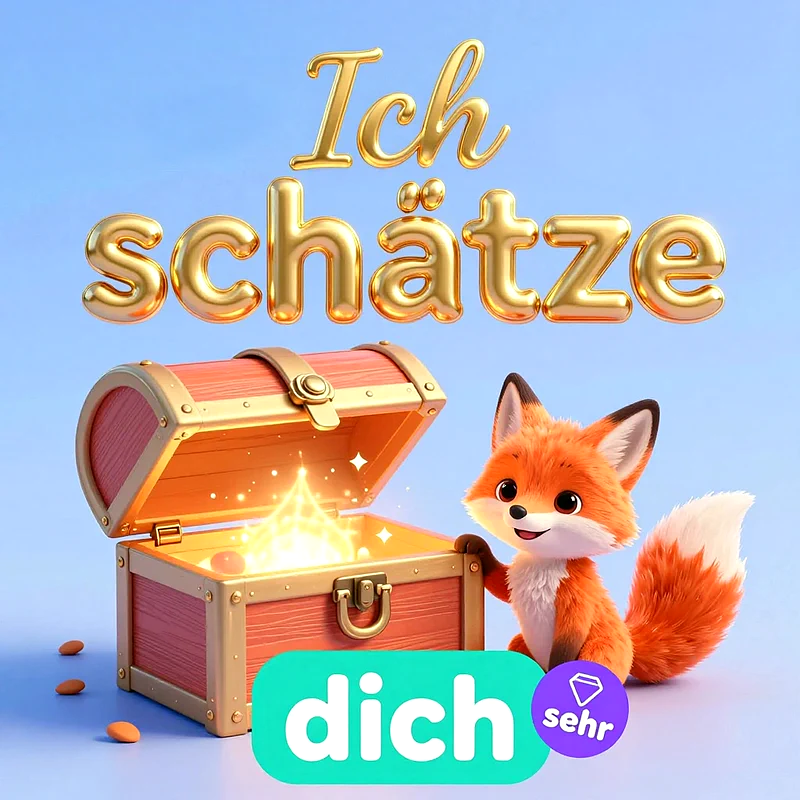 Ein niedlicher, dreidimensional gestalteter kleiner Fuchs sitzt neben einer geöffneten Schatztruhe, aus der magisches, goldenes Licht strahlt. Darüber prangt der geschwungene Text Ich schätze dich sehr.