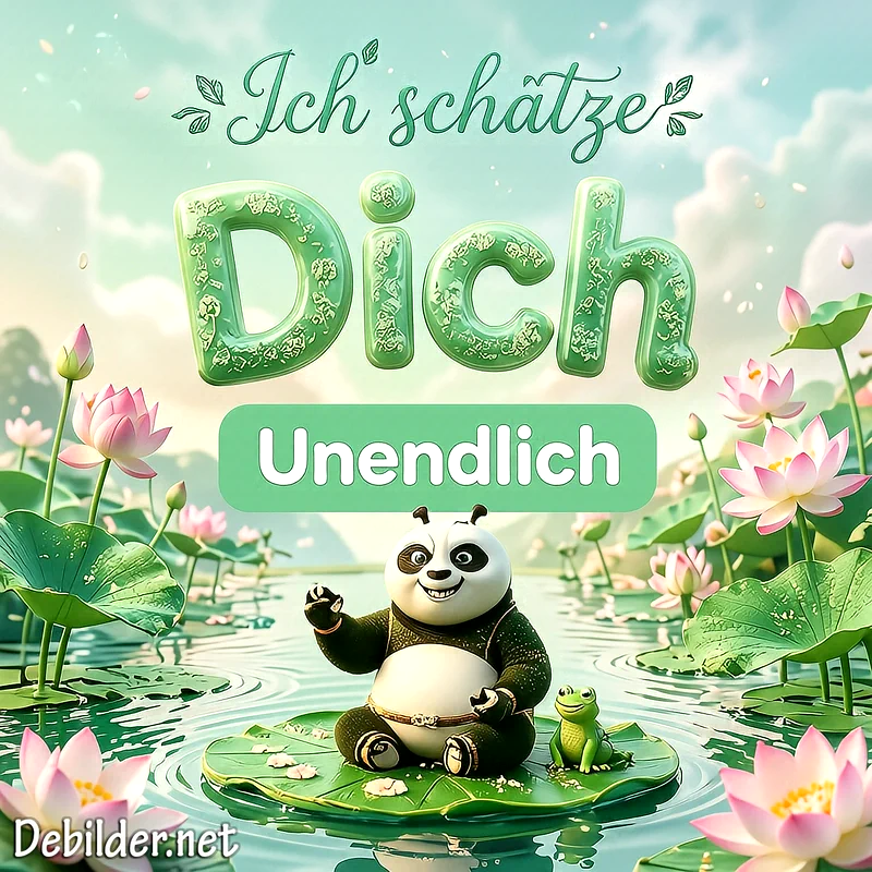 Ein glücklicher Panda und ein kleiner Frosch sitzen zusammen auf einem großen Seerosenblatt inmitten eines Teiches voller rosa Lotosblüten bei sanftem Morgenlicht, illustriert im liebevollen Cartoon-Stil mit Textbotschaft.