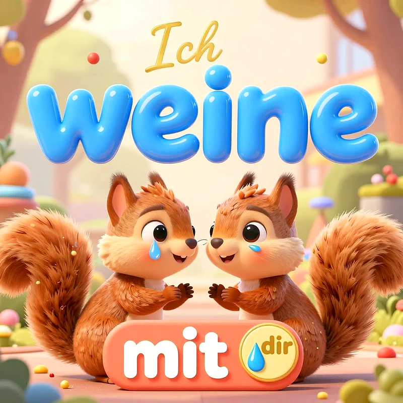 Zwei niedliche 3D-Eichhörnchen schauen sich liebevoll an, während jeweils eine Träne über ihre Wangen läuft. Darüber steht in bunten 3D-Buchstaben der Spruch Ich weine mit dir.