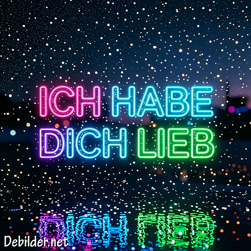 Ein neonfarbener Schriftzug mit den Worten Ich habe dich lieb leuchtet vor einer dunklen, regnerischen Fensterscheibe, an der sich bunte Stadtlichter als verschwommene Lichtpunkte spiegeln.