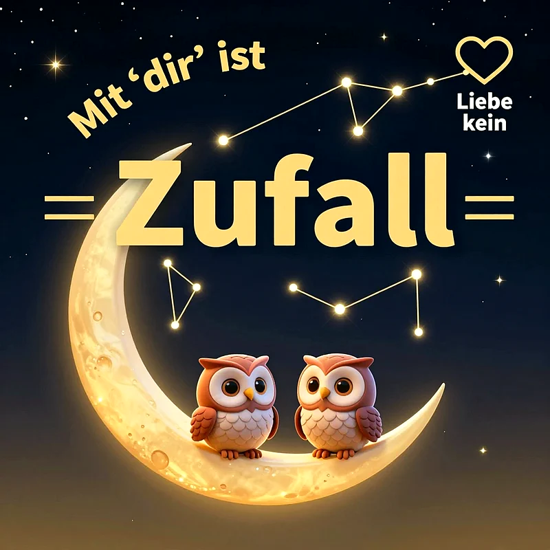 Zwei niedliche Eulen sitzen gemeinsam auf einer leuchtenden goldenen Sichel des Mondes unter einem dunklen Sternenhimmel mit romantischen Sternbildern und gelber Schrift.
