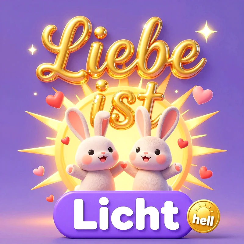 Zwei weiße 3D-Cartoon-Hasen stehen Hand in Hand vor einer strahlenden Sonne, umgeben von goldenen Lettern, Herzen und funkelnden Sternen auf lilafarbenem Grund.