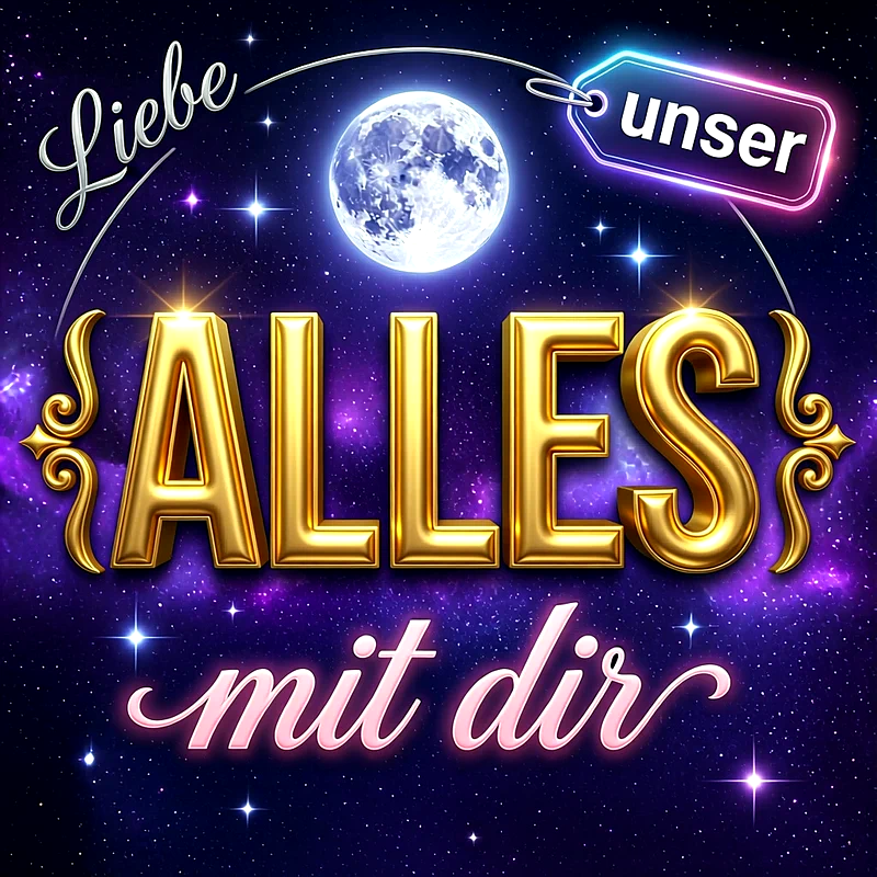 Ein romantisches Motiv vor dunklem Sternenhimmel mit leuchtendem Vollmond, verträumten Glitzereffekten und schimmernder goldener 3D-Schrift sowie rosa Schriftzügen im glamourösen Design.