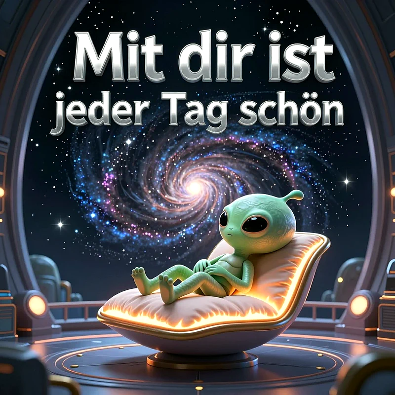 Ein kleines grünes Alien liegt entspannt in einem leuchtenden Sessel in einem Raumschiff und blickt auf eine riesige, strahlende Galaxie im Weltall, während darüber der Text Mit dir ist jeder Tag schön steht.