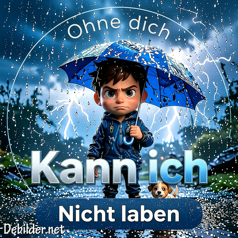 Ein kleiner Junge mit dunklen Haaren steht bei strömendem Regen unter einem blauen Regenschirm, während hinter ihm Blitze zucken und ein niedlicher Welpe zu seinen Füßen sitzt.