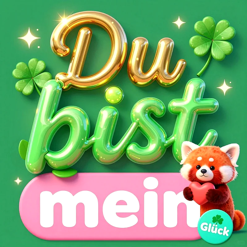 Süße 3D-Grafik auf grünem Hintergrund mit dem goldenen und grünen Schriftzug Du bist mein Glück, verziert mit vierblättrigen Kleeblättern sowie einem niedlichen roten Panda mit kleinem roten Herz.