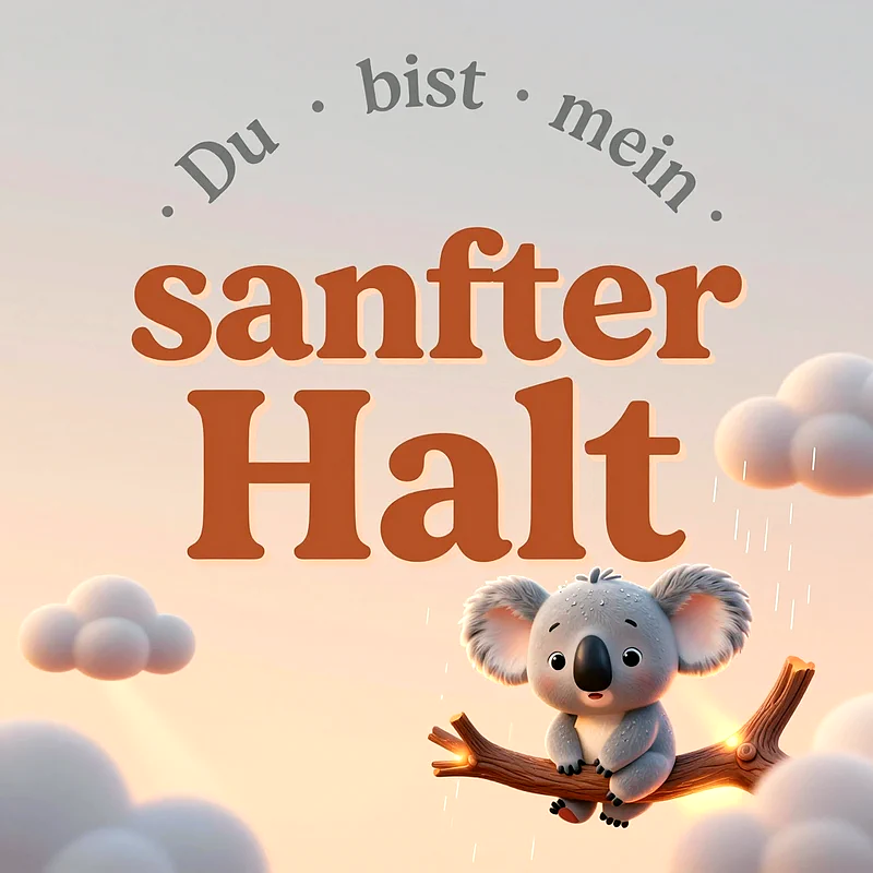 Ein niedlicher kleiner Koala sitzt auf einem geschwungenen Baumast inmitten von weichen, flauschigen Wolken vor einem zartrosa-beigen Hintergrund. Darüber steht in brauner Schrift der Text Du bist mein sanfter Halt.