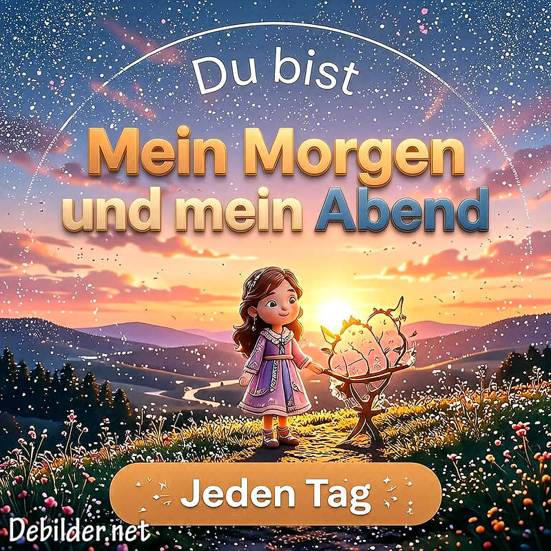 Niedliche Comic-Figur auf einer blühenden Wiese bei Sonnenuntergang unter einem funkelnden Sternenhimmel mit dem romantischen Text Du bist Mein Morgen und mein Abend Jeden Tag.