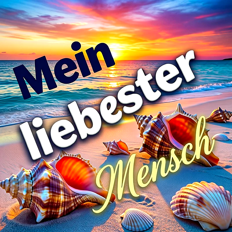 Mehrere farbenfrohe Muscheln liegen am Sandstrand bei einem romantischen Sonnenuntergang über dem Meer, während der Schriftzug Mein liebester Mensch zu sehen ist.