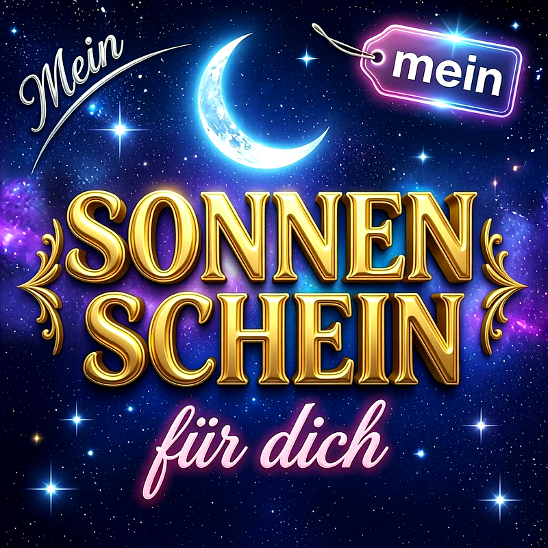 Ein funkelnder Nachthimmel mit Sternen und Mondsichel bildet den Hintergrund für den goldenen Schriftzug Sonnenschein für dich, verziert mit leuchtenden Neonelementen.