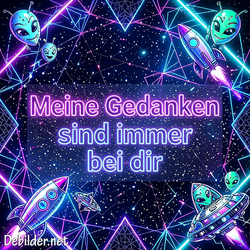 Futuristisches Motiv im Weltraum-Design mit leuchtenden Neonfarben, Raketen, kleinen Aliens und der strahlenden Aufschrift Meine Gedanken sind immer bei dir vor sternenklarem Hintergrund.