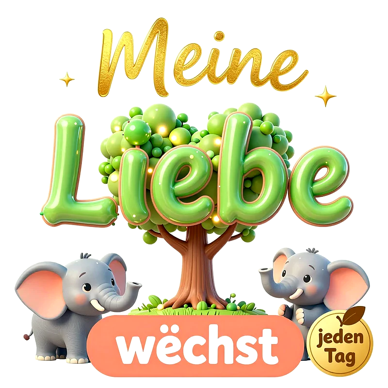 Zwei niedliche 3D-Elefanten stehen vor einem herzförmigen grünen Baum, mit goldenem Text Meine Liebe wächst jeden Tag auf einem hellen, isolierten Hintergrund in einer verspielten digitalen Illustration.
