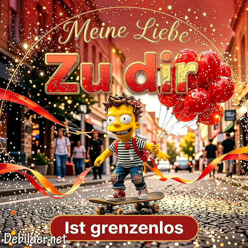 Eine gelbe Cartoon-Figur rollt auf einem Skateboard eine beleuchtete Stadtstraße entlang, hält ein Bündel roter Herz-Luftballons und wird von goldenen Funken sowie romantischem Text umrahmt.