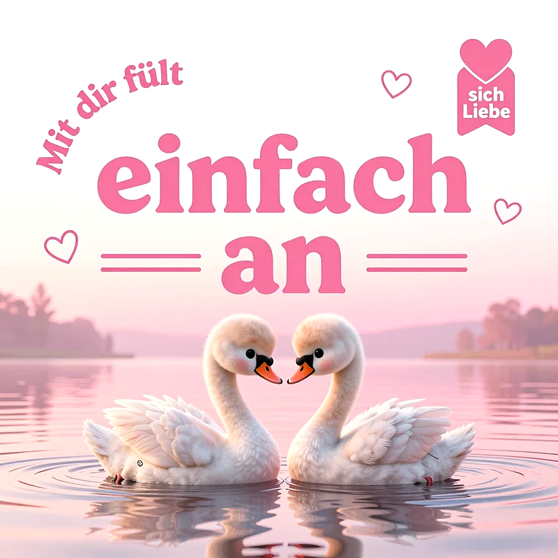 Zwei weiße Schwäne schwimmen auf einem ruhigen rosa See und berühren sich sanft mit ihren Schnäbeln. Darüber befindet sich eine romantische rosa Aufschrift vor weiß-rosa Hintergrund.