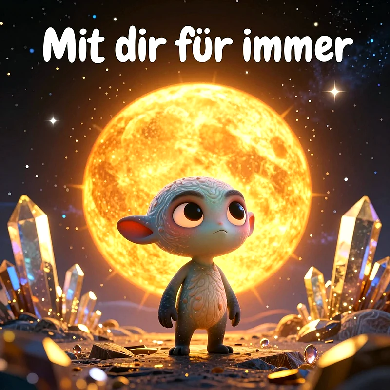 Eine kleine, blau-grüne Fantasiewesen-Figur steht vor einem gigantischen, leuchtenden Vollmond inmitten von funkelnden Quarzkristallen unter einem sternenklaren Nachthimmel, der eine verträumte und romantische Atmosphäre ausstrahlt.