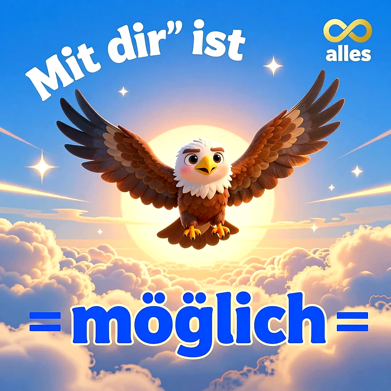 Ein niedlicher Cartoon-Adler fliegt über strahlenden Wolken vor einer hellen Sonne im blauen Himmel, während ein inspirierender Spruch im Motiv prangt.