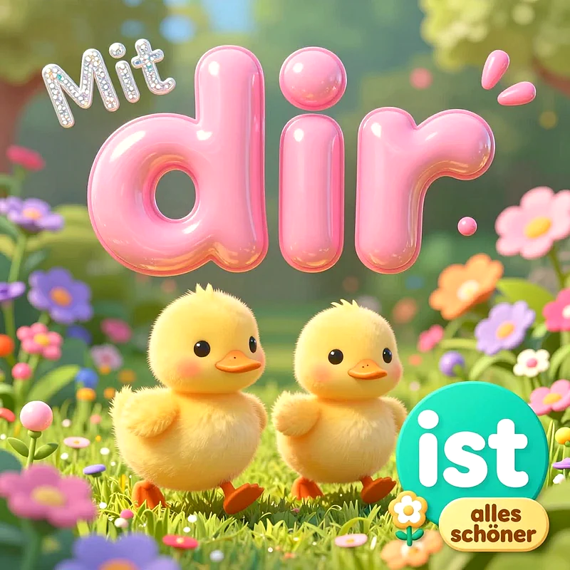 Zwei flauschige gelbe Entenküken spazieren gemeinsam über eine bunte Blumenwiese unter dem plastischen 3D-Schriftzug Mit dir ist alles schöner in leuchtenden Pastellfarben.