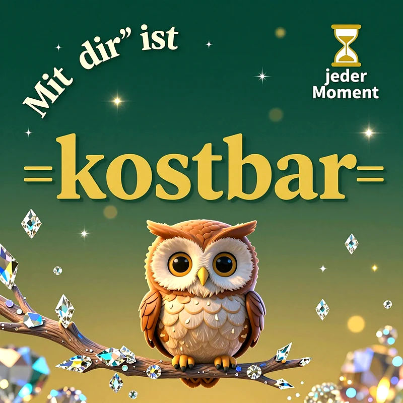Eine kleine, niedliche Eule mit großen Kulleraugen sitzt auf einem Ast, der mit funkelnden Diamanten geschmückt ist, vor einem smaragdgrünen Hintergrund mit magischen Lichtpunkten und dem Spruch über Kostbarkeit.