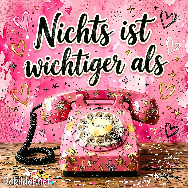 Ein rosafarbenes Vintage-Telefon mit Sternenmuster steht auf einem Holztisch vor einem pinken Aquarellhintergrund, dekoriert mit handgezeichneten Herzen und funkelnden Sternchen in einem verspielten, künstlerischen Design.