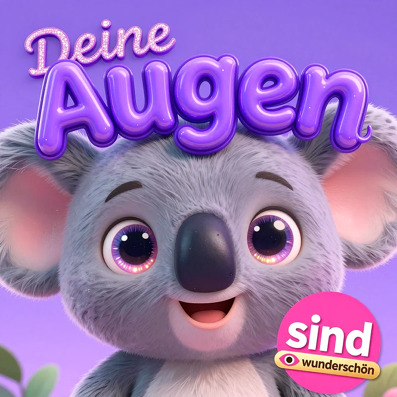 Ein niedlicher 3D-Koalabär mit riesigen, glitzernden violetten Augen lächelt vor violettem Hintergrund. Darüber steht der Schriftzug Deine Augen und unten ein rosa Kreis mit sind wunderschön.