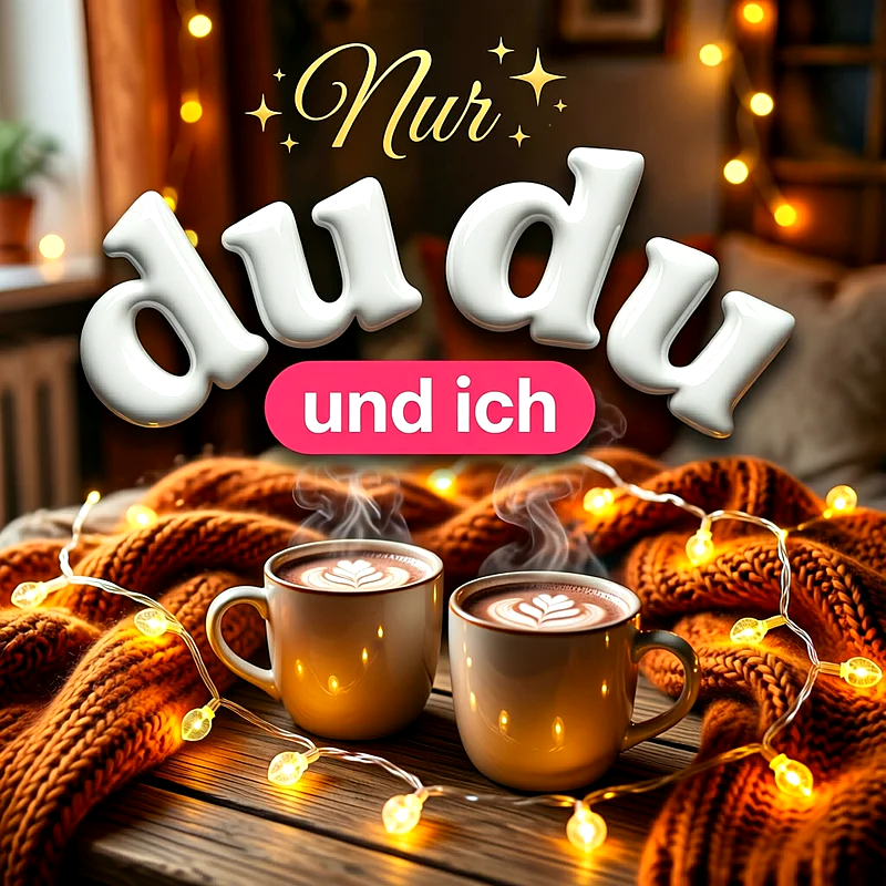 Zwei dampfende Kaffeetassen mit Latte Art stehen auf einem rustikalen Holztisch, umgeben von einer grob gestrickten braunen Decke und einer Lichterkette in einem gemütlich beleuchteten, warmen Raum.