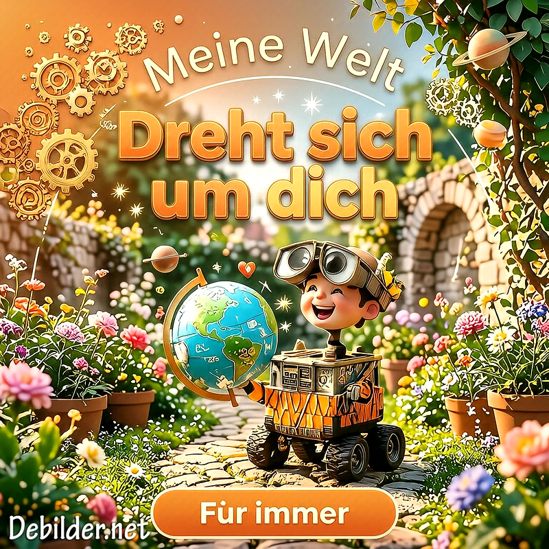 Eine cartoonartige Figur im Roboter-Design hält einen kleinen Globus in einem sonnigen Blumengarten, umgeben von schwebenden Zahnrädern und Planeten, mit dem Text Meine Welt dreht sich um dich.