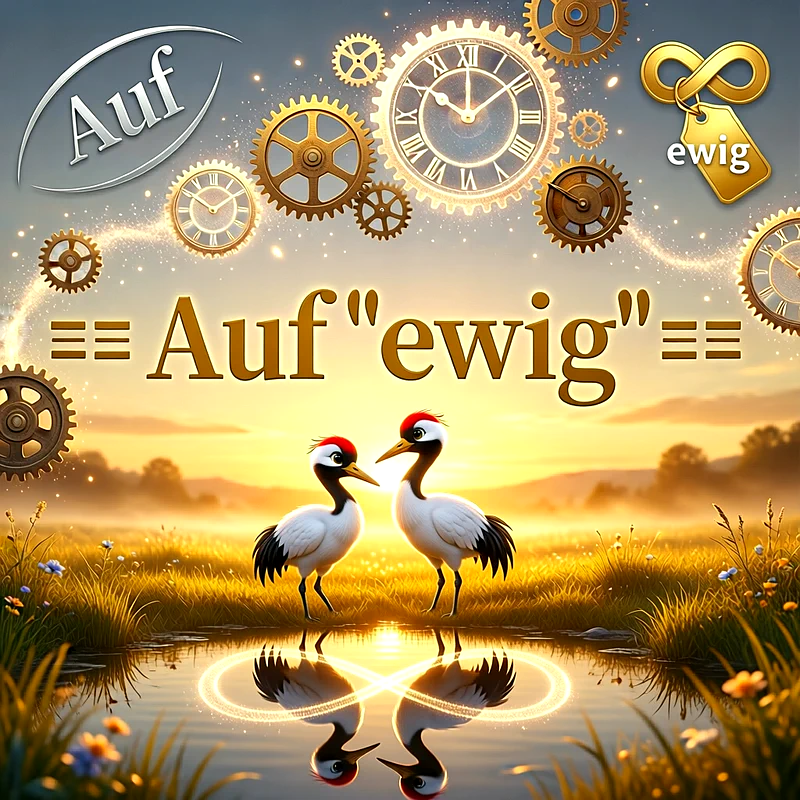 Zwei Kraniche stehen vor einem goldenen Sonnenuntergang in einem See, während mechanische Zahnräder und Uhren am Himmel schweben und ein Unendlichkeitssymbol im Wasser reflektiert wird.