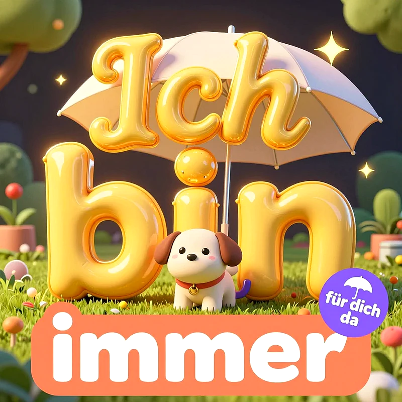 Ein süßer kleiner Hund steht auf einer grünen Wiese unter einem großen Regenschirm, umgeben von großen gelben 3D-Buchstaben mit der liebevollen Aufschrift, ich bin immer für dich da.