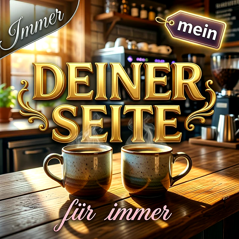 Zwei dampfende Kaffeetassen stehen nebeneinander auf einem Holztisch in einem gemütlichen Café bei warmem Sonnenlicht, während goldene Schriftzüge über dem Tisch eine tiefgründige Liebesbotschaft verkünden.