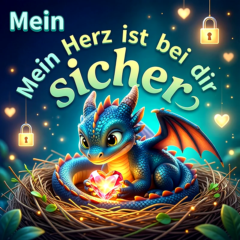 Ein kleiner, blauer Comic-Drache sitzt in einem Nest aus Zweigen und hält ein leuchtendes, kristallines Herz, umgeben von schwebenden Vorhängeschlössern und warmem Licht vor einem nächtlichen Hintergrund.
