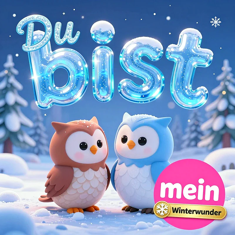 Zwei süße, stilisierte Eulen in einer verschneiten Winterlandschaft stehen nebeneinander. Über ihnen schwebt der Text Du bist mein Winterwunder in hellblauen, glitzernden, eisigen Buchstaben vor einem tiefblauen Abendhimmel mit fallenden Flocken.