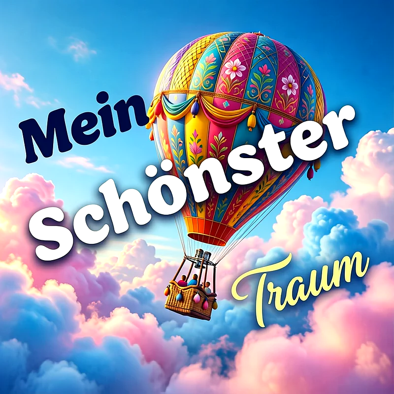 Ein bunter Heißluftballon schwebt in einem verträumten Himmel voller rosafarbener und blauer Wolken. Die Aufschrift Mein schönster Traum unterstreicht die romantische Stimmung dieses liebevoll gestalteten Motivs für Verliebte.
