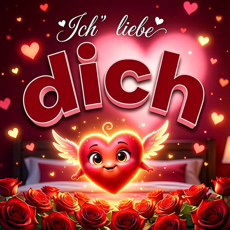 Ein animiertes Herz mit Flügeln schwebt über einem Bett voller roter Rosen vor einem dunklen Hintergrund mit leuchtenden Herzen, während der Text Ich liebe dich in großen, auffälligen Buchstaben darüber thront.