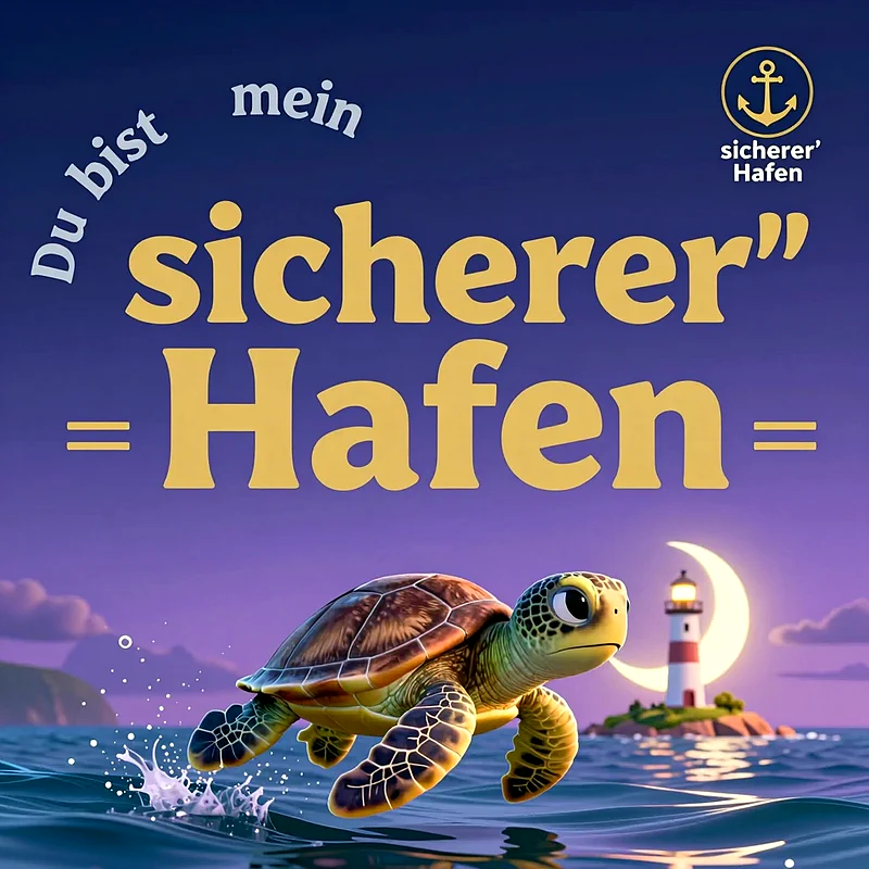Eine niedliche animierte Meeresschildkröte schwimmt vor einem leuchtenden Leuchtturm bei Nacht unter einer Mondsichel im tiefblauen Meer. Der Text besagt, dass der Partner der eigene sichere Hafen ist.