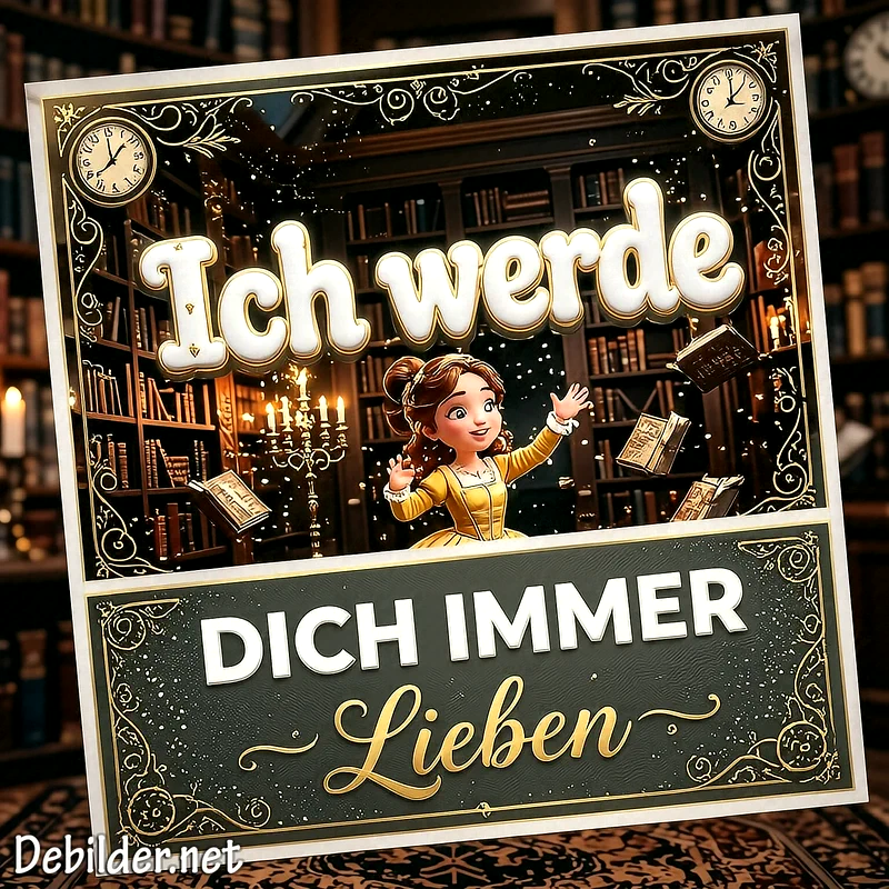 Eine cartoonartige junge Frau mit braunem Haar steht inmitten einer alten Bibliothek mit fliegenden Büchern, goldenen Verzierungen und Kerzenschein, über ihr steht der Text Ich werde DICH IMMER Lieben.