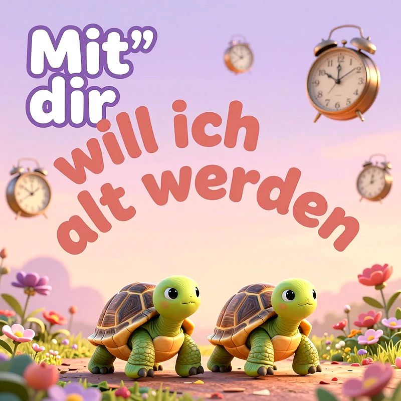Zwei niedliche 3D-Schildkröten laufen gemeinsam über eine bunte Blumenwiese. Im zarten Abendhimmel schweben Wecker, während in großen geschwungenen Buchstaben der Spruch Mit dir will ich alt werden steht.
