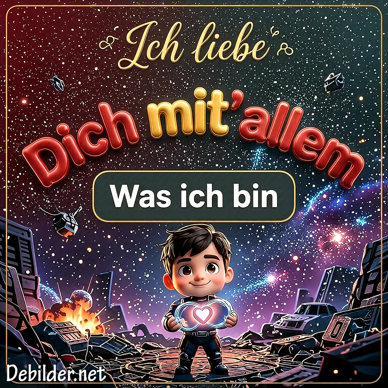 Ein animierter Cartoon-Junge steht in einer zerstörten Sci-Fi-Welt vor einem glitzernden Sternenhimmel und hält ein leuchtendes Herzsymbol in den Händen, während goldene Schriftzüge die tiefen Gefühle der Liebe ausdrücken.