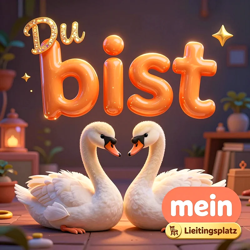 Zwei weiße Schwäne sitzen sich gegenüber in einem warm beleuchteten Raum, darüber der Text Du bist mein Lieitingsplatz in leuchtenden, orangefarbenen 3D-Buchstaben, umgeben von sanftem, gemütlichem Interieur.