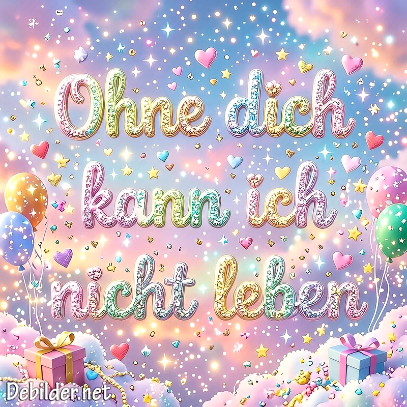 Glitzernde Schriftzug 'Ohne dich kann ich nicht leben' umgeben von bunten Herzen, leuchtenden Sternen, Luftballons und Geschenkpaketen auf einem traumhaften Pastellhintergrund mit fluffigen Wolken.