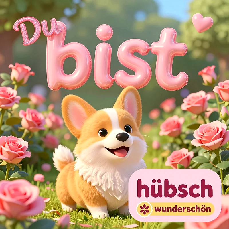 Ein niedlicher Corgi-Welpe steht lächelnd in einem blühenden Garten voller rosa Rosen, während rosa Luftballon-Buchstaben den Schriftzug Du bist bilden.