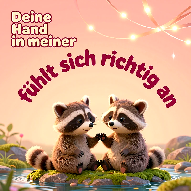 Zwei niedliche Waschbären sitzen nebeneinander auf einem Moosfelsen im sanften Wasser und halten Händchen unter einer romantisch leuchtenden Lichterkette im warmen Abendlicht.