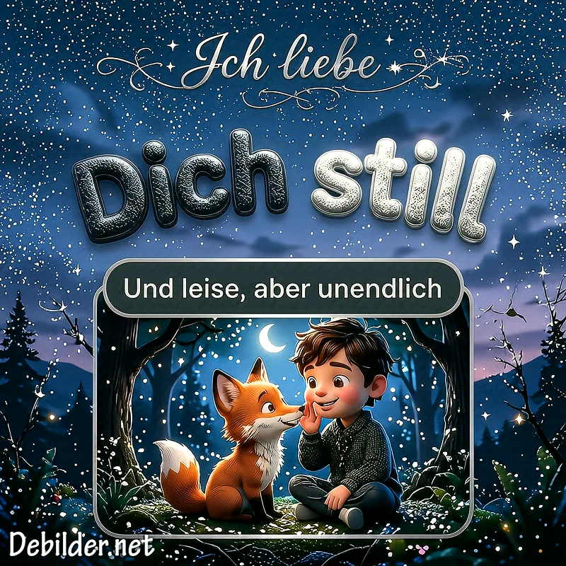 Eine cartoonartige Illustration zeigt einen Jungen, der einem kleinen Fuchs im dunklen, nächtlichen Wald etwas zuflüstert. Über ihnen glitzert ein Sternenhimmel, während der Text den tiefen emotionalen Zusammenhalt zwischen beiden unterstreicht.