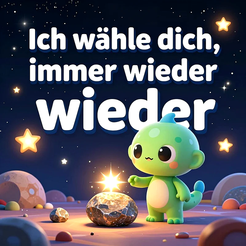 Ein kleiner, niedlicher grüner Dino steht auf einem fremden Planeten unter einem nächtlichen Sternenhimmel und betrachtet einen leuchtenden Stein. Die Schriftart ist groß und weiß gehalten.