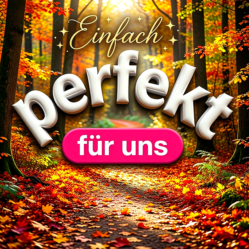 Ein stimmungsvoller Waldweg voller buntem Herbstlaub im warmen Sonnenlicht, darüber die dekorative weiße Schrift Einfach perfekt sowie ein pinkfarbener Balken mit dem Text für uns.