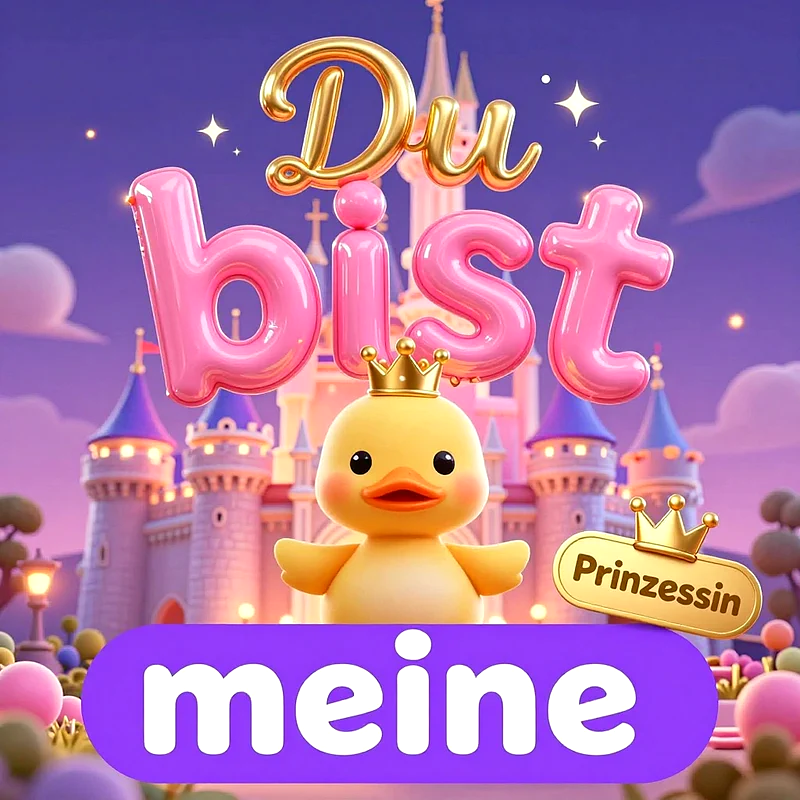 Ein niedliches gelbes Entchen mit einer goldenen Krone steht vor einem rosa Märchenschloss. Im Bild schweben dreidimensionale Schriftzüge in Gold, Rosa und Violett mit dem Spruch Du bist meine Prinzessin.