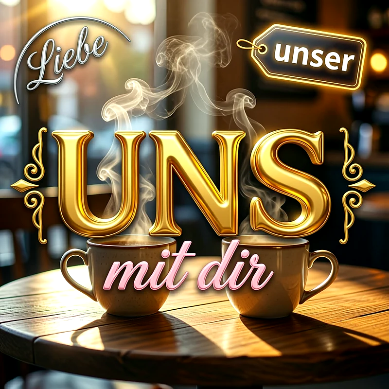 Zwei dampfende Kaffeetassen auf einem Holztisch in einem gemütlichen Café mit goldener 3D-Schrift UNS und liebevollem Text über Verbundenheit.