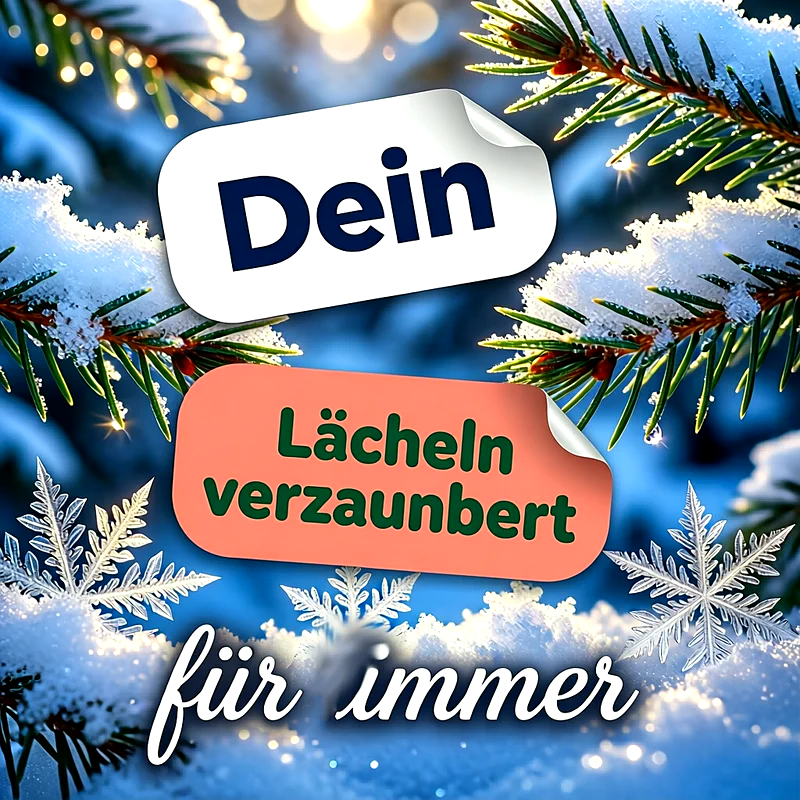 Nahaufnahme von verschneiten Tannenzweigen und detaillierten Schneekristallen vor einem blauen Hintergrund mit dem geschriebenen Text Dein Lächeln verzaubert für immer in dekorativen Sprechblasen.