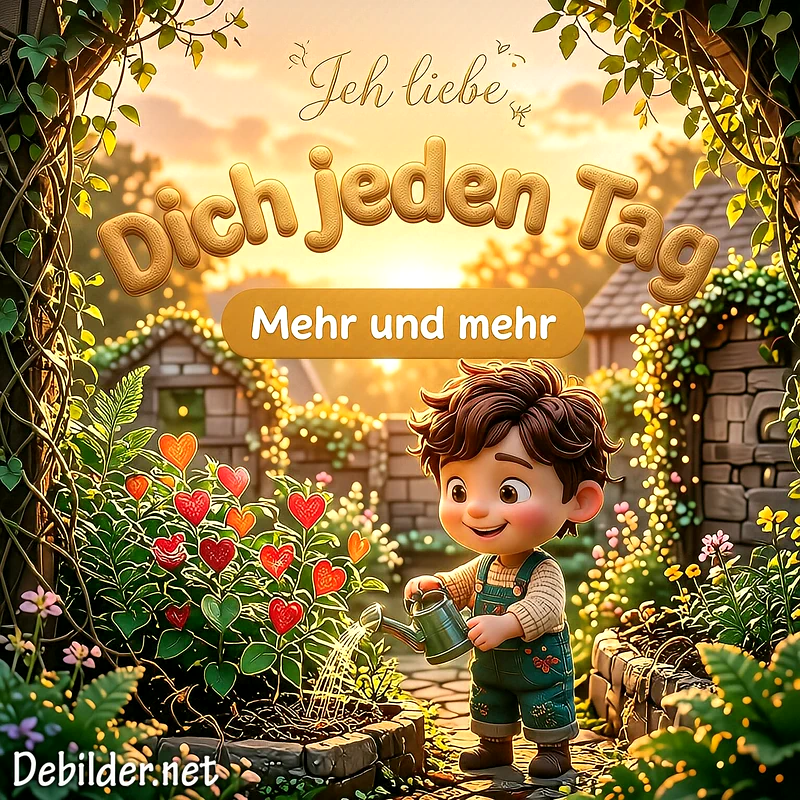 Ein niedlicher Cartoon-Junge in Latzhose gießt mit einer kleinen Gießkanne Pflänzchen, deren Blüteblätter wie rote Herzen geformt sind, vor sonnigem Gartenhintergrund.