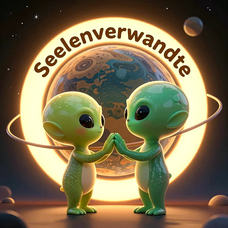 Zwei kleine grüne Alienwesen stehen sich gegenüber und berühren ihre Hände vor einem leuchtenden Planeten im Weltraum, über ihnen schwebt der Schriftzug Seelenverwandte in einer warmen Atmosphäre.